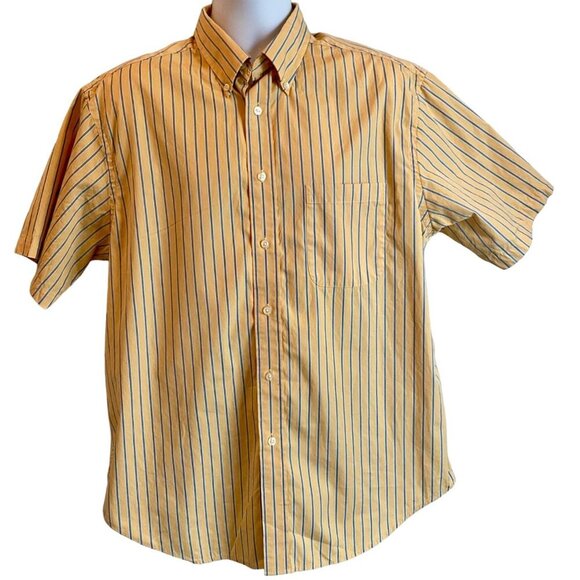 Roundtree & Yorke Yellow Blue Stripes Short Sleeve Button Down Shirt Men’s Large - Picture 1 of 8